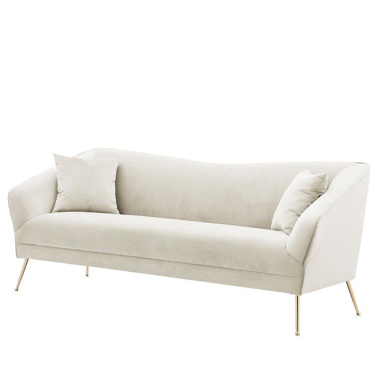 Potter Sofa Velvet Upholstered Tight Seat Back Design Flared Gold Tone Metal Legs With 2 Decorative Pillows, Modern Contemporary