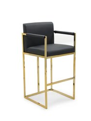 Quest Bar Stool Chair PU Leather Upholstered Square Arm Design Architectural Goldtone Solid Metal Base, Modern Contemporary - Black
