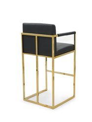 Quest Bar Stool Chair PU Leather Upholstered Square Arm Design Architectural Goldtone Solid Metal Base, Modern Contemporary