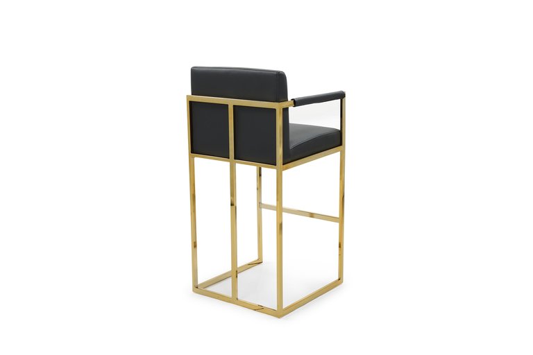 Quest Bar Stool Chair PU Leather Upholstered Square Arm Design Architectural Goldtone Solid Metal Base, Modern Contemporary