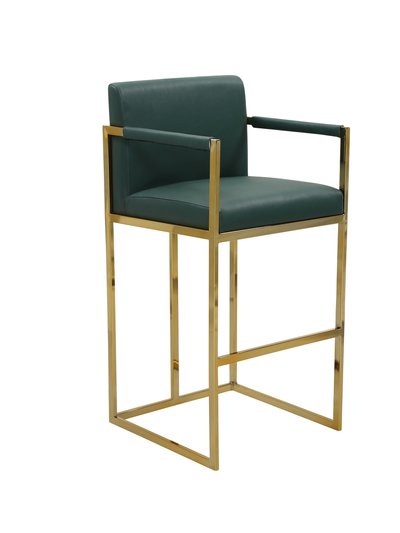 Chic Home Design Quest Bar Stool Chair PU Leather Upholstered Square Arm Design Architectural Goldtone Solid Metal Base, Modern Contemporary product