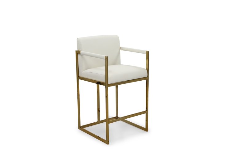 Quest Counter Stool Chair PU Leather Upholstered Square Arm Design Architectural Goldtone Solid Metal Base, Modern Contemporary - Cream