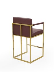 Quest Counter Stool Chair PU Leather Upholstered Square Arm Design Architectural Goldtone Solid Metal Base, Modern Contemporary