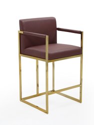 Quest Counter Stool Chair PU Leather Upholstered Square Arm Design Architectural Goldtone Solid Metal Base, Modern Contemporary - Wine