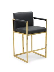 Quest Counter Stool Chair PU Leather Upholstered Square Arm Design Architectural Goldtone Solid Metal Base, Modern Contemporary - Black