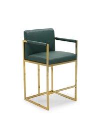 Quest Counter Stool Chair PU Leather Upholstered Square Arm Design Architectural Goldtone Solid Metal Base, Modern Contemporary - Green