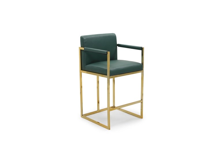 Quest Counter Stool Chair PU Leather Upholstered Square Arm Design Architectural Goldtone Solid Metal Base, Modern Contemporary - Green