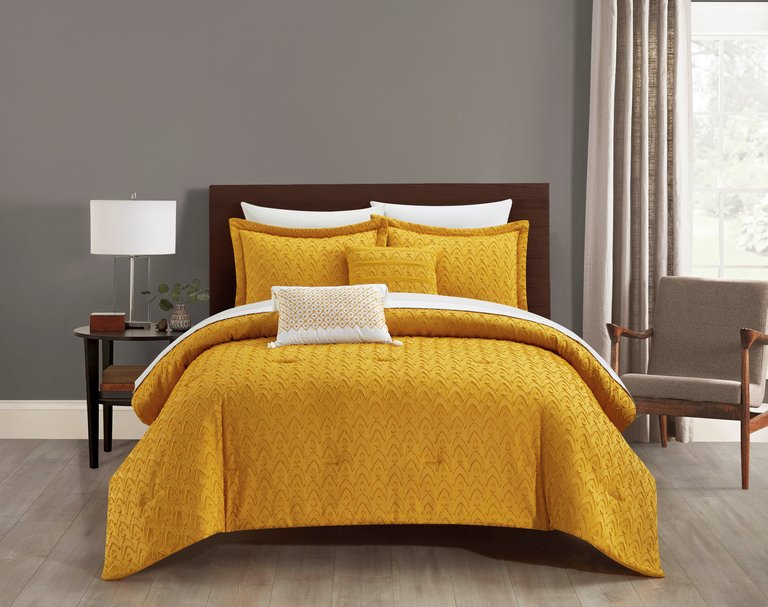 Reign 5 Piece Comforter Set Clip Jacquard Geometric Pattern Design Bedding - Mustard