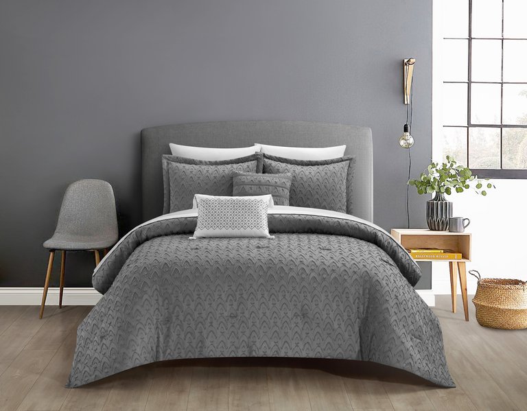Reign 5 Piece Comforter Set Clip Jacquard Geometric Pattern Design Bedding - Grey
