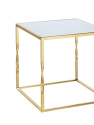 Rialto Side Table Nightstand Gold Finished Solid Metal Cube Frame Marble Look Top, Modern Contemporary