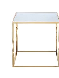 Rialto Side Table Nightstand Gold Finished Solid Metal Cube Frame Marble Look Top, Modern Contemporary - Gold
