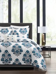 Riley 6 Piece Comforter Set Large Scale Floral Medallion Print Design Bed In A Bag Bedding - Blue