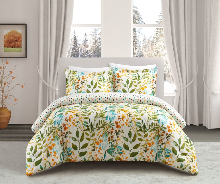 Robin 2 Piece Duvet Cover Set Reversible Hand Painted Floral Print - Multi Color