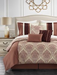 Roxette 11 Piece Comforter Set Reversible Two-Tone Damask Pattern Geometric Quilting Bed In A Bag - Brick