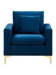 Roxie Club Chair Velvet Upholstered Loose Back Design Gold Tone Metal Y-Legs with Decorative Pillow, Modern Contemporary - Blue