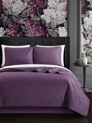 Sachi 3 Piece Quilt Set Floral Scroll Pattern Design Bedding - Purple