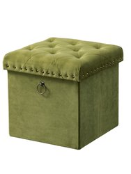 Sassy Storage Ottoman Velvet Upholstered Antique Brass Nailhead Trim And Ring Pull Tufted Removable Top With Discrete Interior Compartment - Green