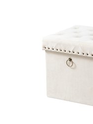 Sassy Storage Ottoman Velvet Upholstered Antique Brass Nailhead Trim And Ring Pull Tufted Removable Top With Discrete Interior Compartment - Beige