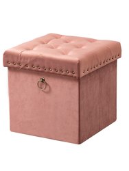 Sassy Storage Ottoman Velvet Upholstered Antique Brass Nailhead Trim And Ring Pull Tufted Removable Top With Discrete Interior Compartment - Blush