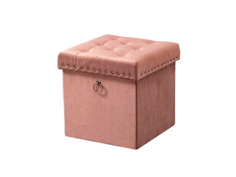 Sassy Storage Ottoman Velvet Upholstered Antique Brass Nailhead Trim And Ring Pull Tufted Removable Top With Discrete Interior Compartment - Blush