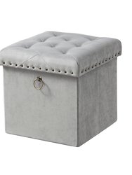 Sassy Storage Ottoman Velvet Upholstered Antique Brass Nailhead Trim And Ring Pull Tufted Removable Top With Discrete Interior Compartment - Grey