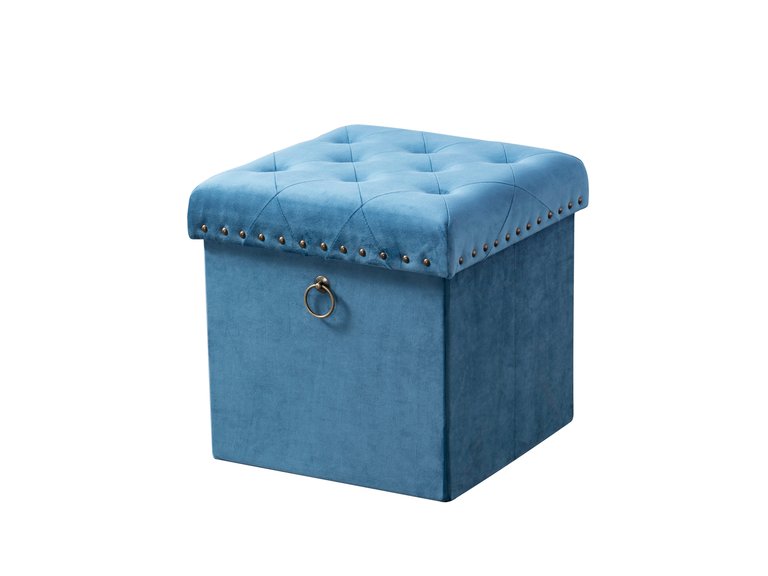Sassy Storage Ottoman Velvet Upholstered Antique Brass Nailhead Trim And Ring Pull Tufted Removable Top With Discrete Interior Compartment - Blue