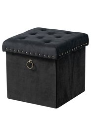 Sassy Storage Ottoman Velvet Upholstered Antique Brass Nailhead Trim And Ring Pull Tufted Removable Top With Discrete Interior Compartment - Black