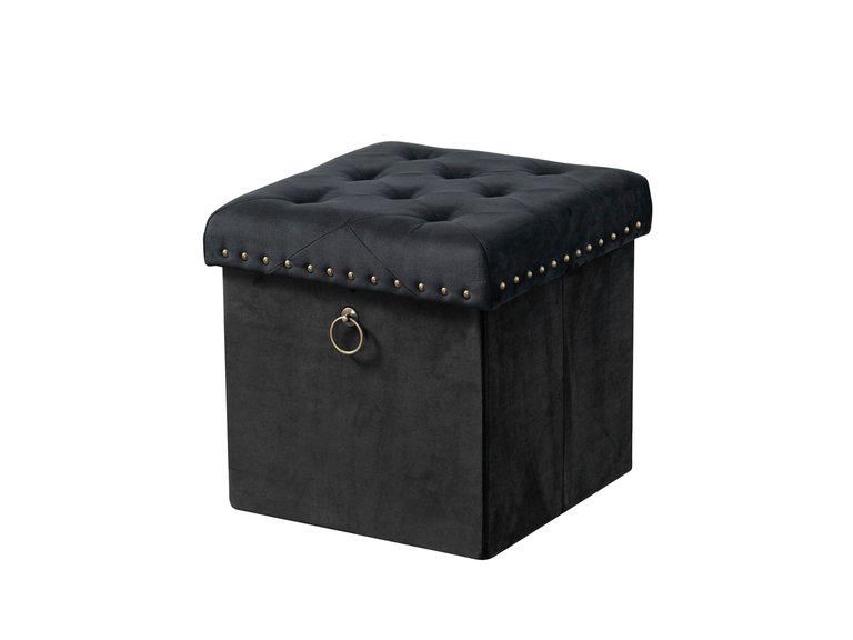 Sassy Storage Ottoman Velvet Upholstered Antique Brass Nailhead Trim And Ring Pull Tufted Removable Top With Discrete Interior Compartment - Black