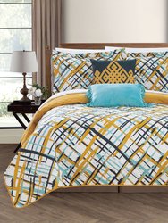 Shane 5 Piece Reversible Quilt Set Abstract Print Design Coverlet Bedding - Gold