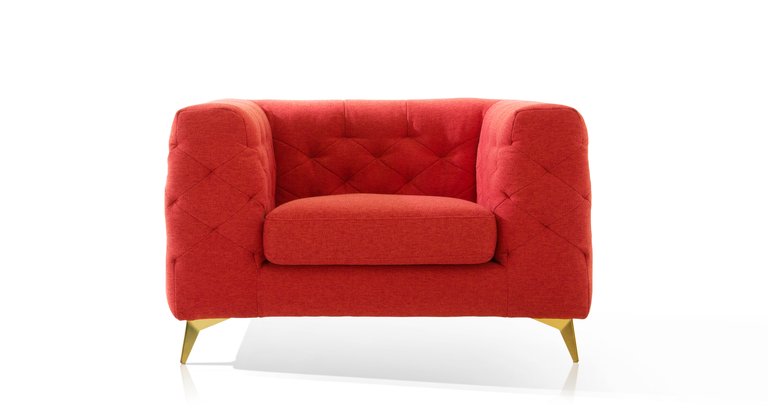 Soho Accent Club Chair Linen Textured Upholstery Plush Tufted Shelter Arm Solid Gold Tone Metal Legs, Modern Transitional - Red