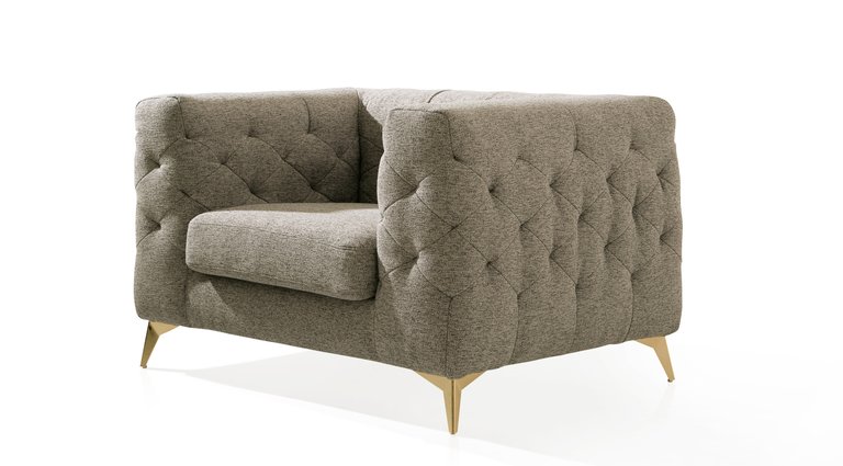 Soho Accent Club Chair Linen Textured Upholstery Plush Tufted Shelter Arm Solid Gold Tone Metal Legs, Modern Transitional