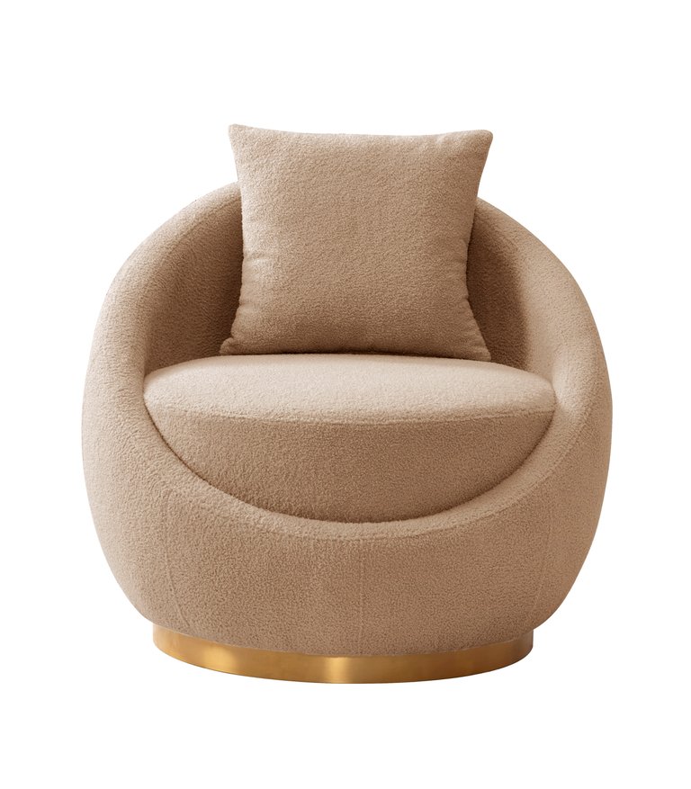 St Barts Swivel Accent Chair Cozy Plush Faux Shearling Upholstered Loose Seat Back Cushion Gold Tone Metal Base, Modern Contemporary - Beige