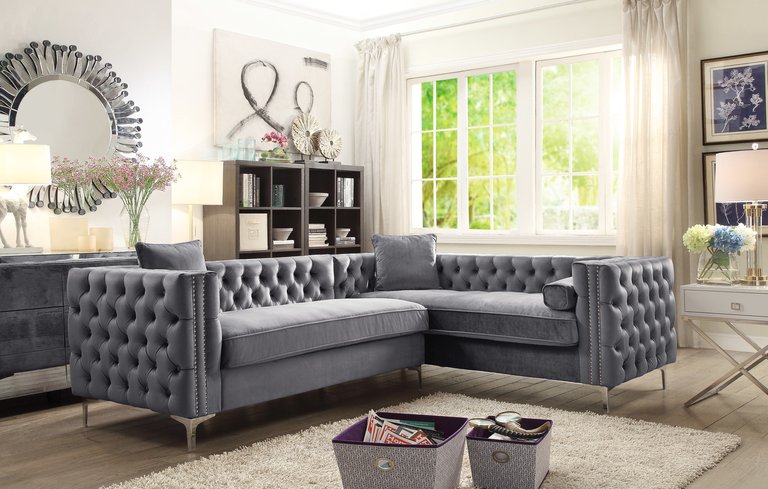 Susan Right Hand Facing Sectional Sofa L Shape Velvet Button Tufted With Silver Nail Head Trim Silvertone Metal Y-Leg  - Grey