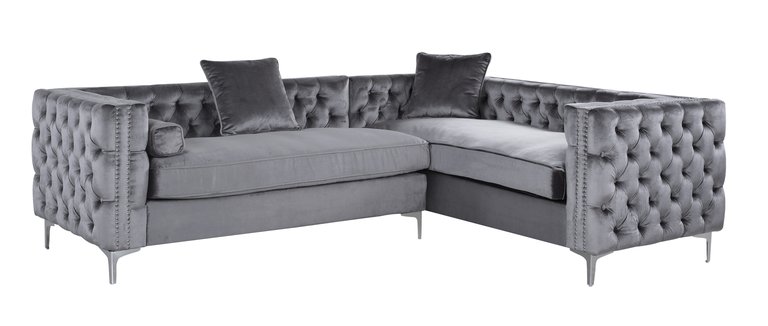 Susan Right Hand Facing Sectional Sofa L Shape Velvet Button Tufted With Silver Nail Head Trim Silvertone Metal Y-Leg 