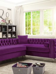 Susan Right Hand Facing Sectional Sofa L Shape Velvet Button Tufted With Silver Nail Head Trim Silvertone Metal Y-Leg  - Plum