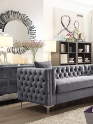 Susan Right Hand Facing Sectional Sofa L Shape Velvet Button Tufted With Silver Nail Head Trim Silvertone Metal Y-Leg  - Grey
