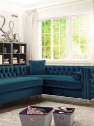 Susan Right Hand Facing Sectional Sofa L Shape Velvet Button Tufted With Silver Nail Head Trim Silvertone Metal Y-Leg  - Teal
