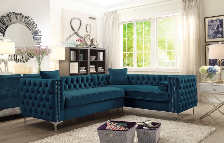 Susan Right Hand Facing Sectional Sofa L Shape Velvet Button Tufted With Silver Nail Head Trim Silvertone Metal Y-Leg  - Teal