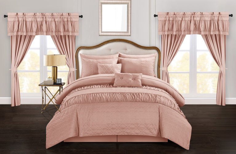 Tinos 20 Piece Comforter Set Striped Ruched Ruffled Embossed Bed In A Bag Bedding - Coral