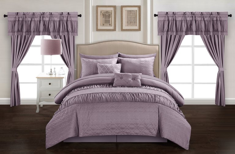 Tinos 20 Piece Comforter Set Striped Ruched Ruffled Embossed Bed In A Bag Bedding - Plum