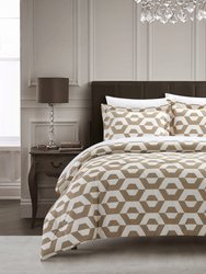 Tudor 2 Piece Duvet Cover Set Contemporary Geometric Hexagon Pattern Print Design Bedding - Beige