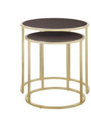 Tuscany Nightstand Side Table 2 Piece Set Gold Finished Gibbous Moon Frame PU Leather Top, Modern Contemporary - Brown