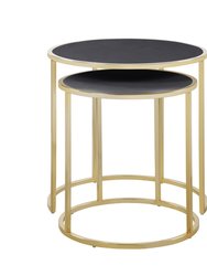 Tuscany Nightstand Side Table 2 Piece Set Gold Finished Gibbous Moon Frame PU Leather Top, Modern Contemporary - Black