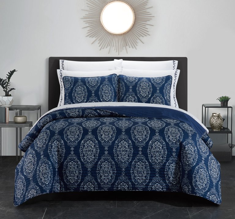 Verona 9 Piece Quilt Set Striped Stitched Medallion Print Bed In A Bag - Navy Blue