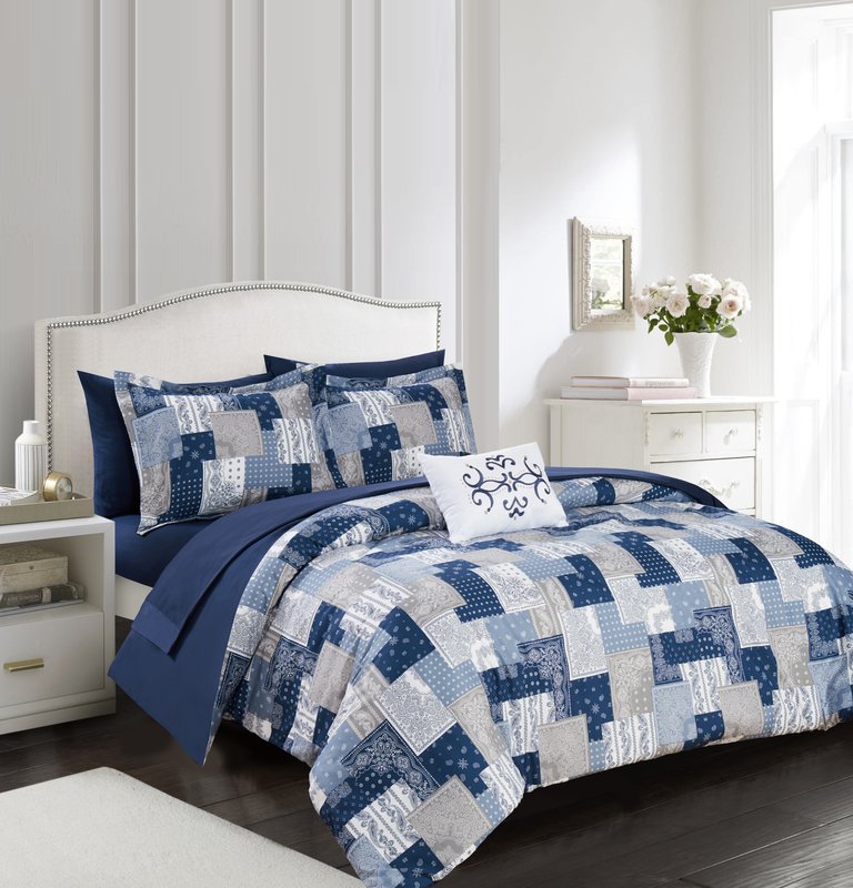 Viy 6 Piece Reversible Comforter Set Patchwork Bohemian Paisley Print - Blue