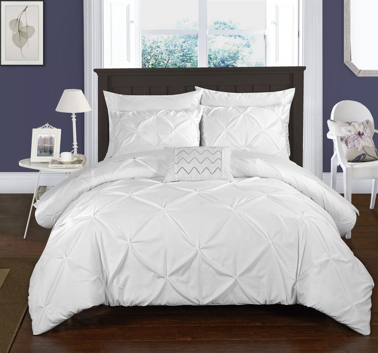 Whitley 3 Piece Duvet Cover Set Ruffled Pinch Pleat Design Embellished Zipper Closure Bedding - White