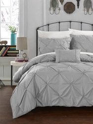Whitley 3 Piece Duvet Cover Set Ruffled Pinch Pleat Design Embellished Zipper Closure Bedding - Silver