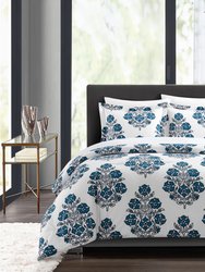 Yazmin 2 Piece Duvet Cover Set Large Scale Floral Medallion Print Design Bedding With Zipper Closure - Blue