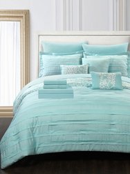 Zarina 10 Piece Reversible Comforter Bed in a Bag Ruffled Pinch Pleat Motif Pattern Print Complete Bedding Set - Aqua