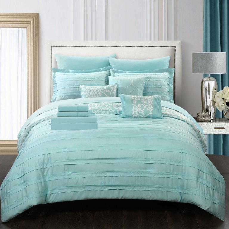 Zarina 10 Piece Reversible Comforter Bed in a Bag Ruffled Pinch Pleat Motif Pattern Print Complete Bedding Set - Aqua